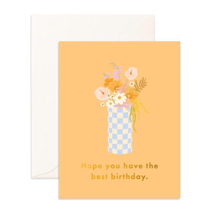 Best Birthday Blue Check Vase | Greeting Card